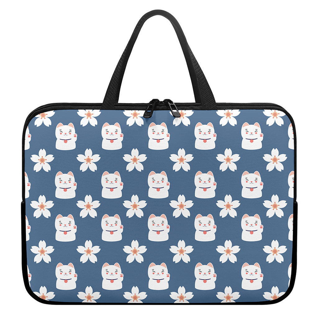 Japanese Lucky Cat And Sakura Print Laptop Sleeve With Handle