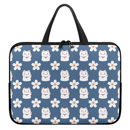 Japanese Lucky Cat And Sakura Print Laptop Sleeve With Handle