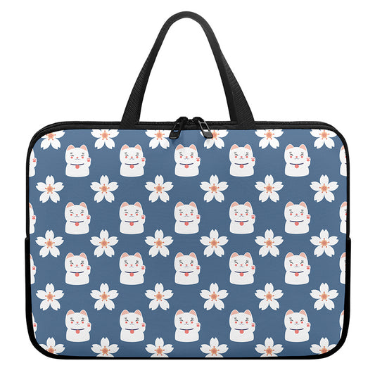 Japanese Lucky Cat And Sakura Print Laptop Sleeve With Handle
