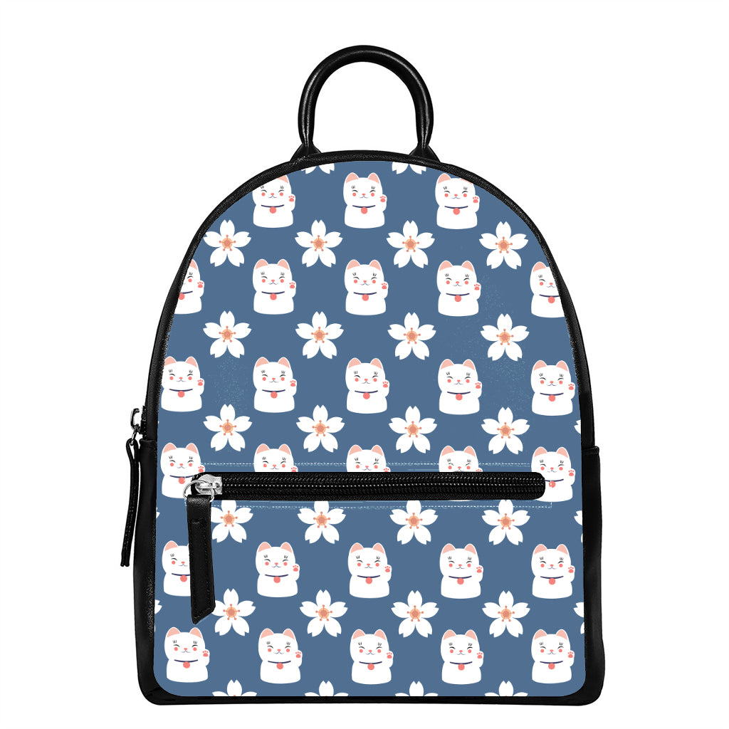 Japanese Lucky Cat And Sakura Print Leather Backpack