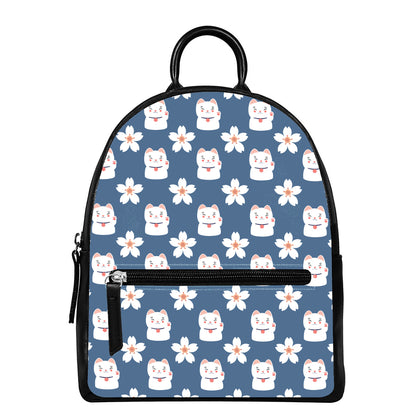 Japanese Lucky Cat And Sakura Print Leather Backpack