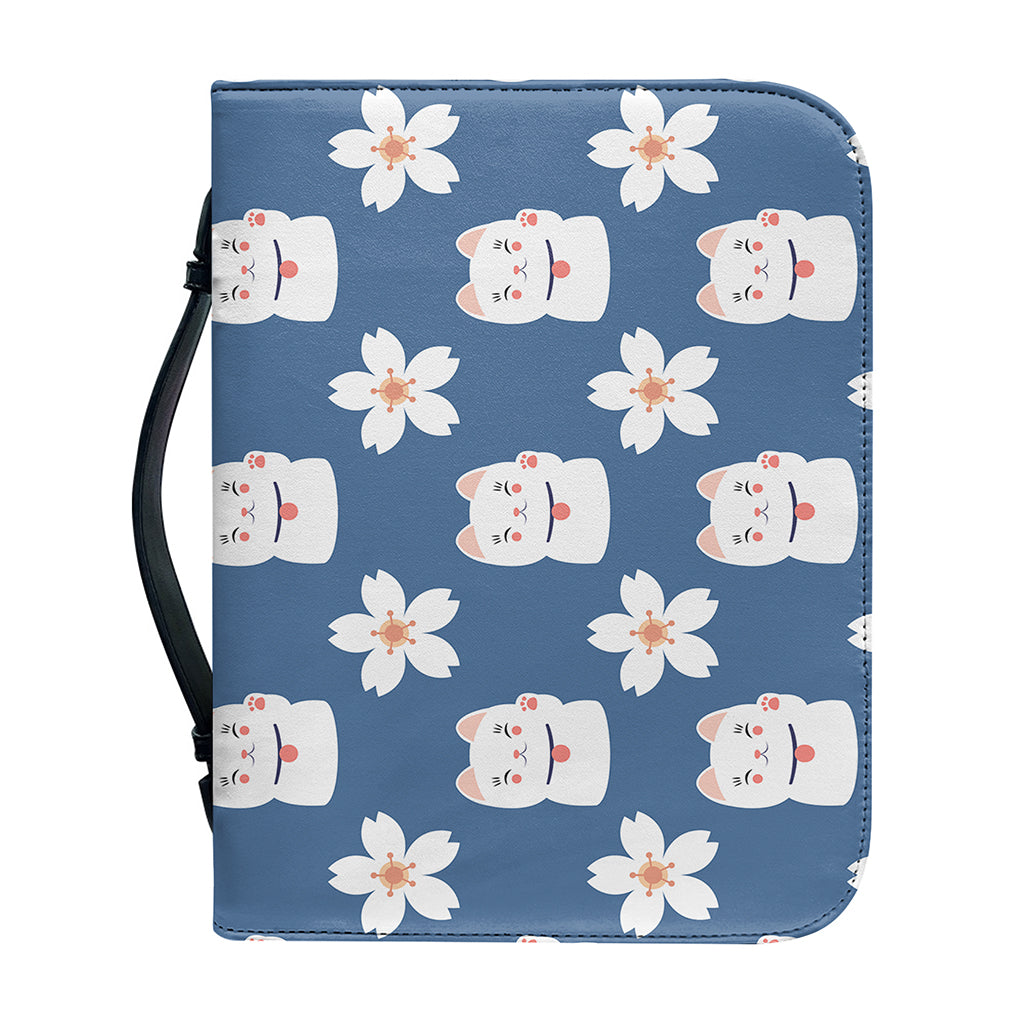 Japanese Lucky Cat And Sakura Print Leather Bible Cover