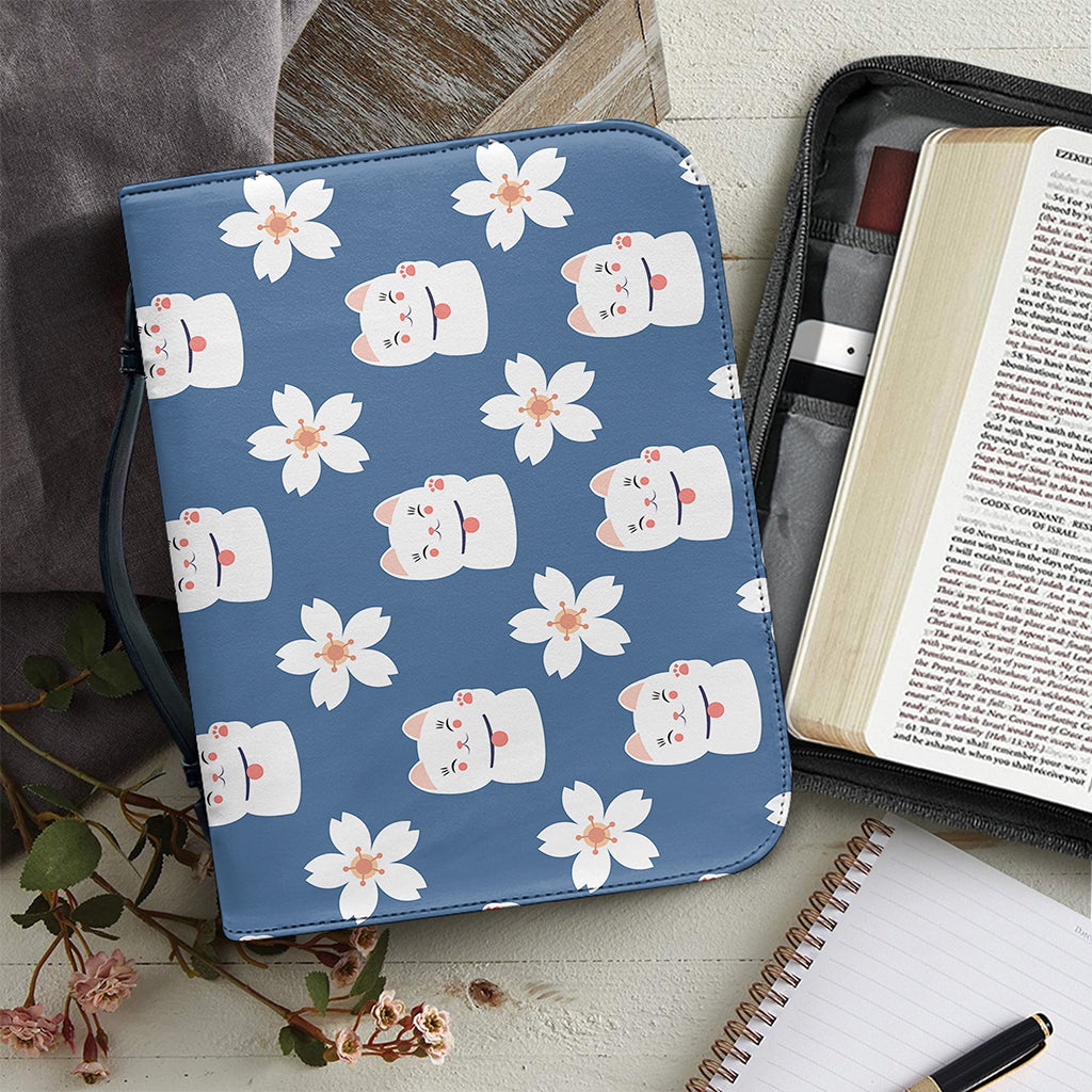Japanese Lucky Cat And Sakura Print Leather Bible Cover