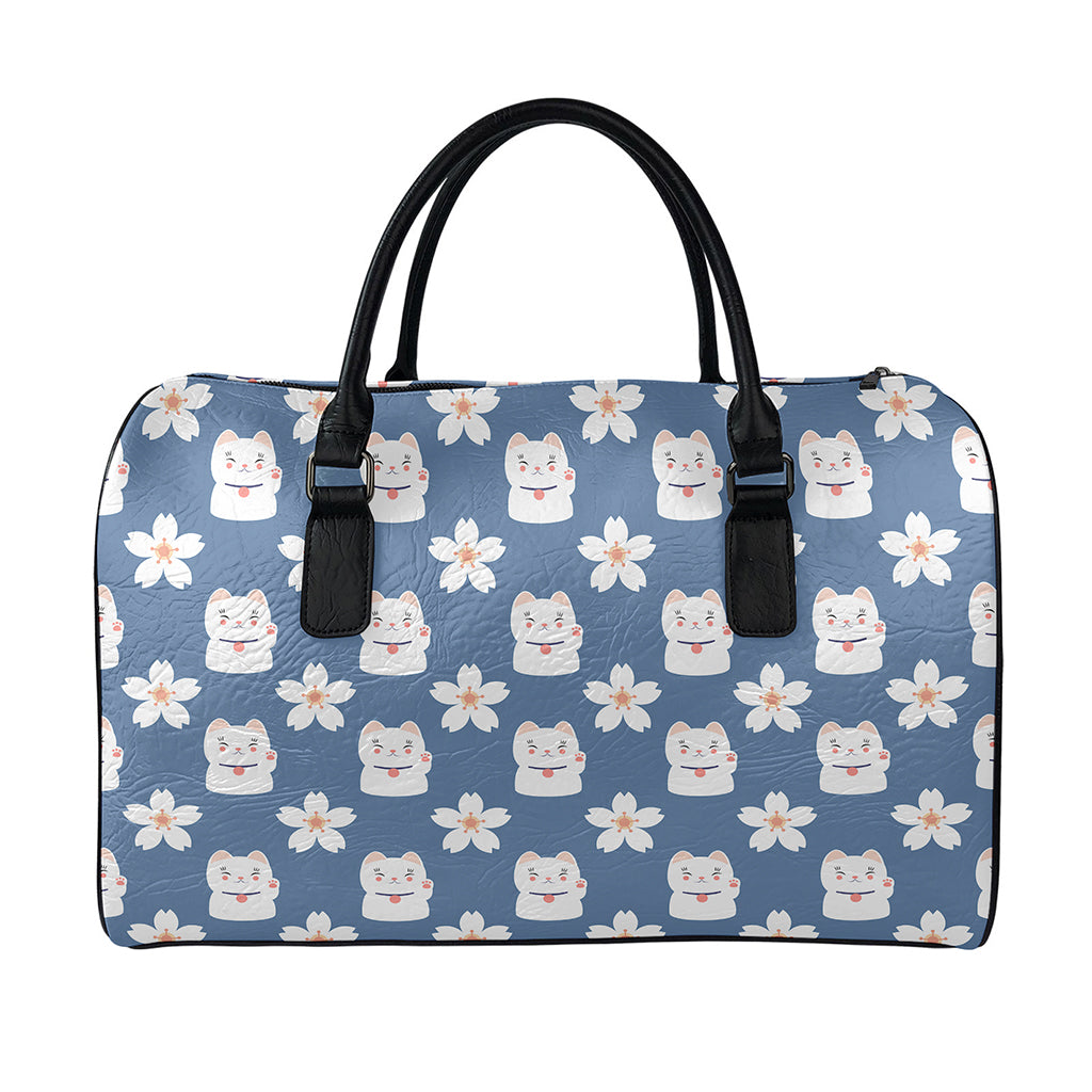 Japanese Lucky Cat And Sakura Print Leather Duffle Bag