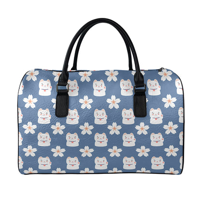 Japanese Lucky Cat And Sakura Print Leather Duffle Bag