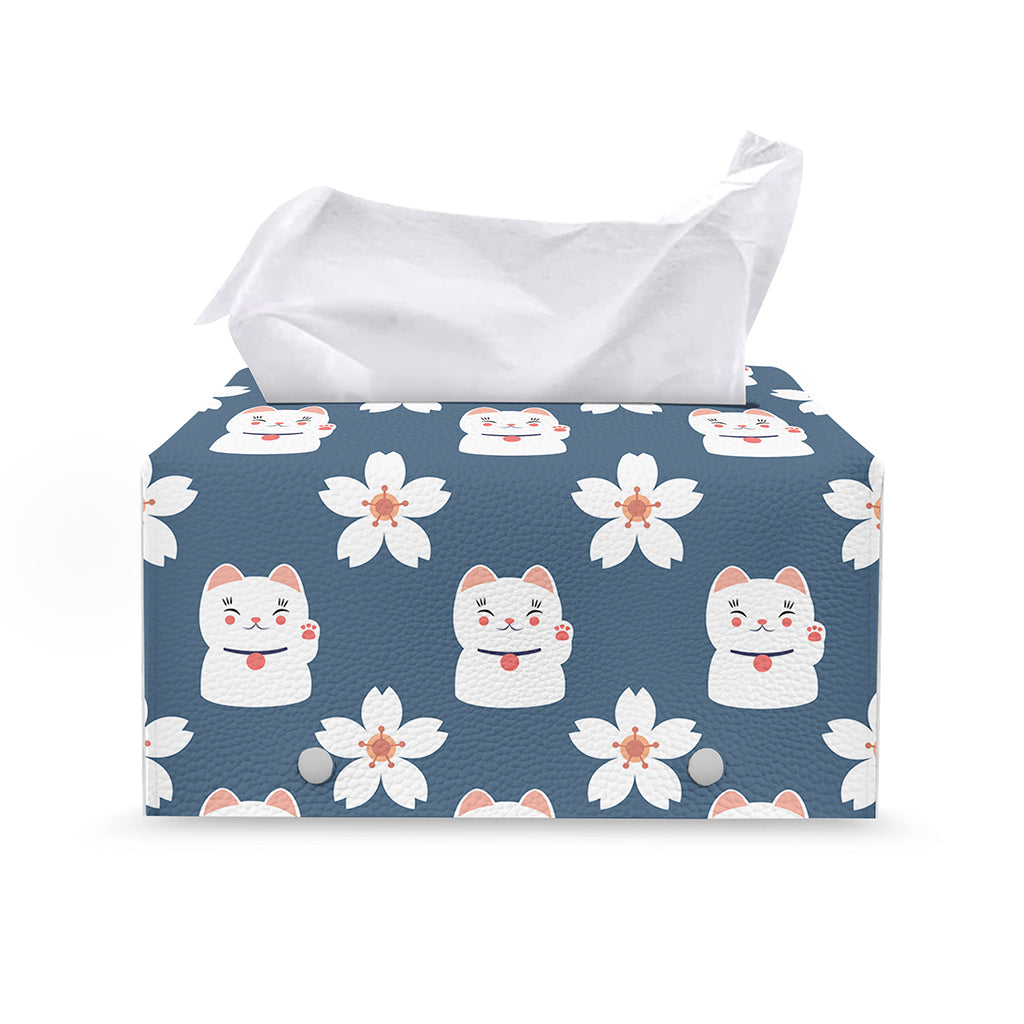 Japanese Lucky Cat And Sakura Print Leather Tissue Box Cover