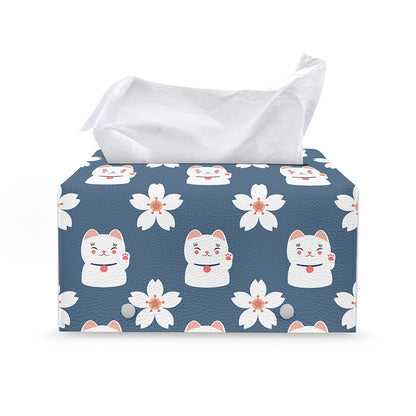 Japanese Lucky Cat And Sakura Print Leather Tissue Box Cover