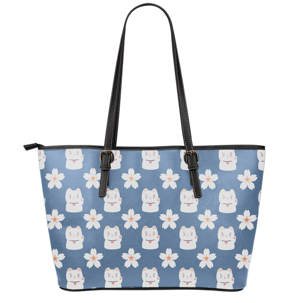 Japanese Lucky Cat And Sakura Print Leather Tote Bag