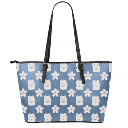 Japanese Lucky Cat And Sakura Print Leather Tote Bag