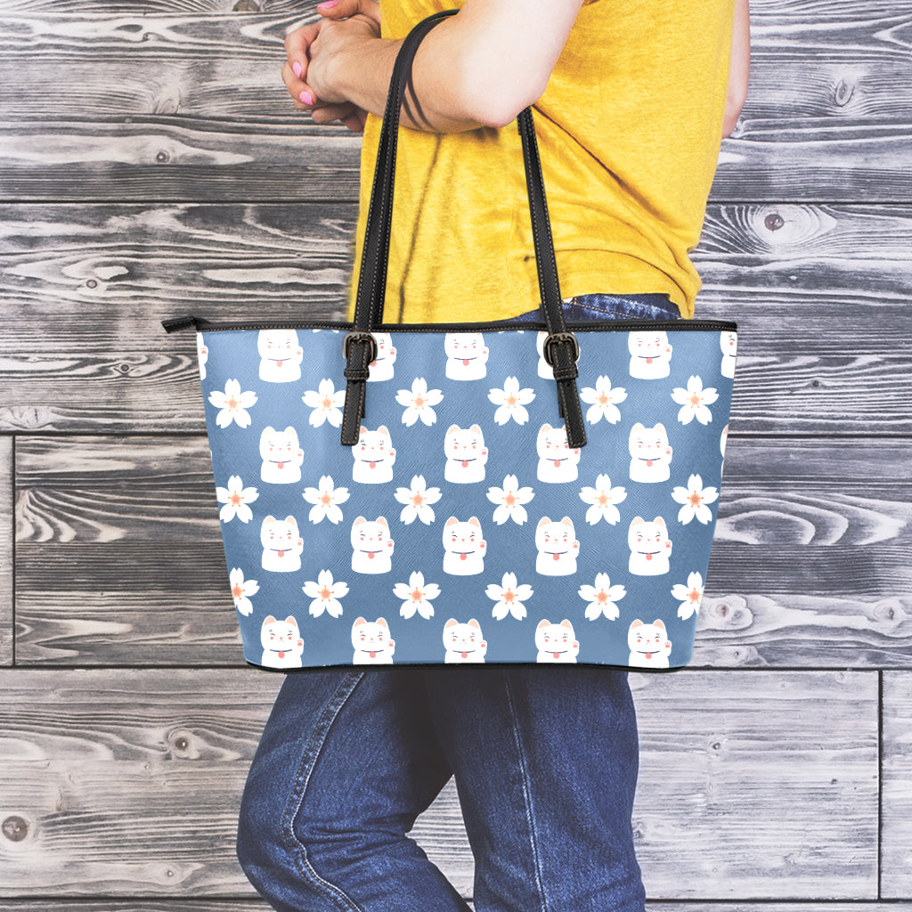Japanese Lucky Cat And Sakura Print Leather Tote Bag