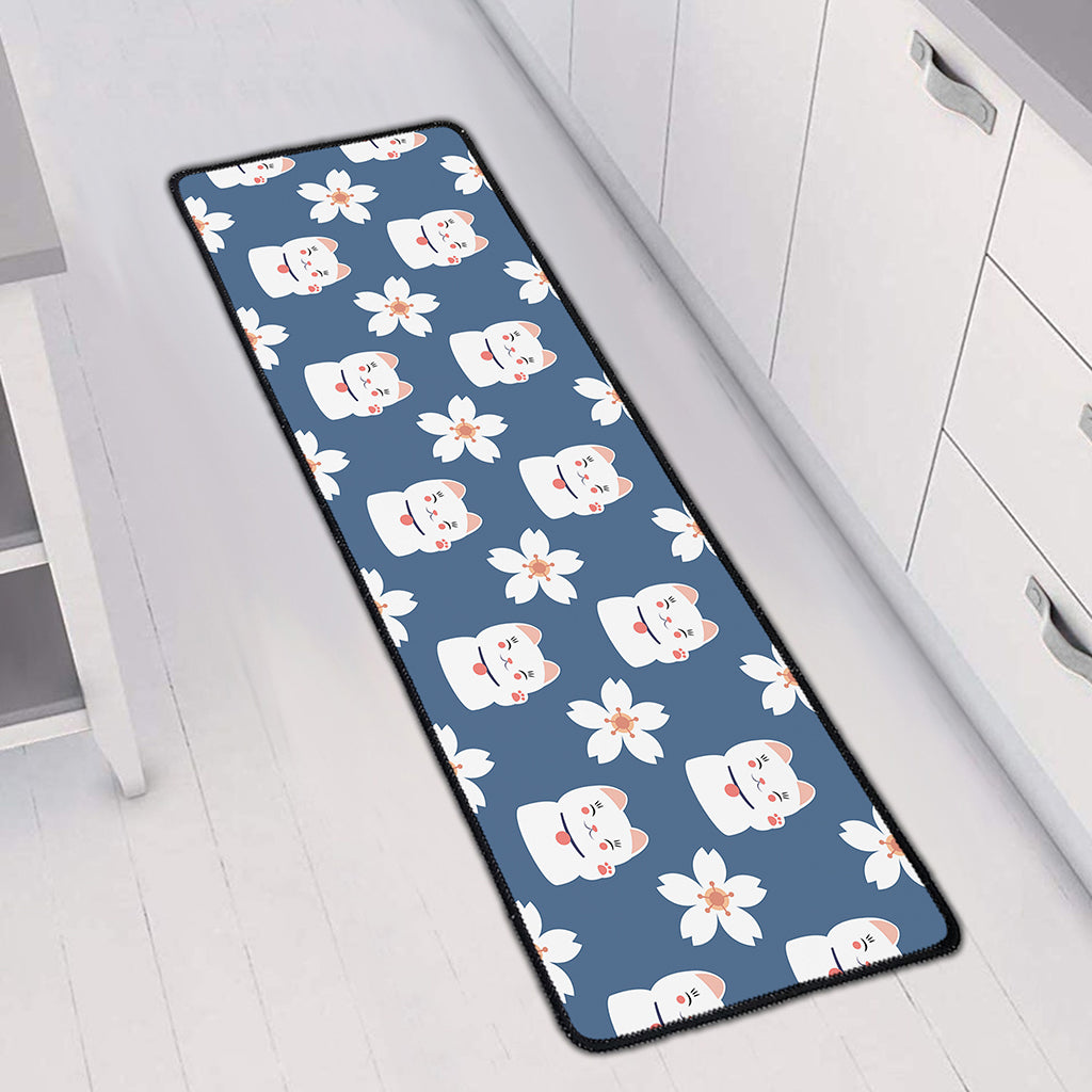Japanese Lucky Cat And Sakura Print Long Kitchen Mat