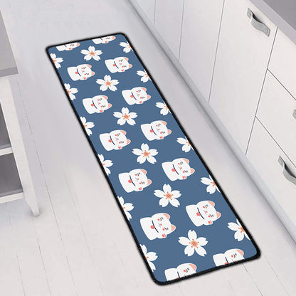 Japanese Lucky Cat And Sakura Print Long Kitchen Mat