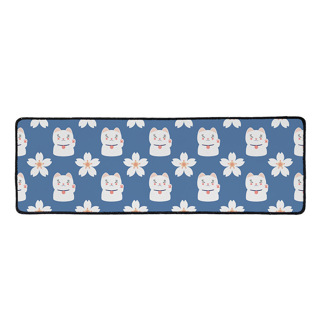 Japanese Lucky Cat And Sakura Print Long Kitchen Mat