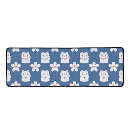 Japanese Lucky Cat And Sakura Print Long Kitchen Mat
