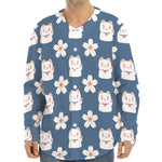 Japanese Lucky Cat And Sakura Print Long Sleeve Baseball Jersey