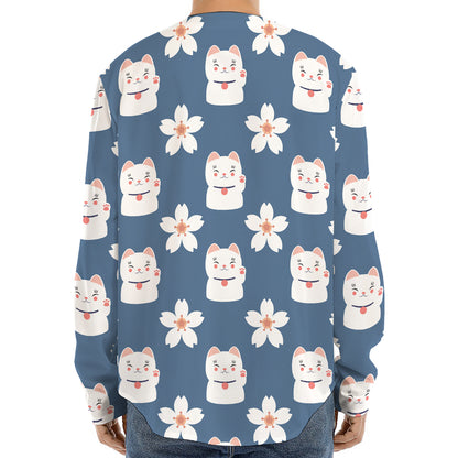 Japanese Lucky Cat And Sakura Print Long Sleeve Baseball Jersey