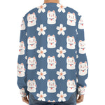 Japanese Lucky Cat And Sakura Print Long Sleeve Baseball Jersey