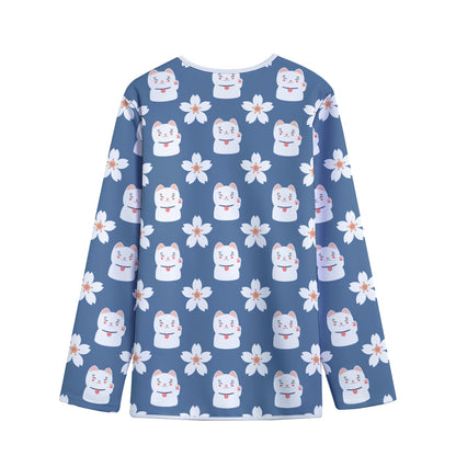 Japanese Lucky Cat And Sakura Print Long Sleeve Short Coat