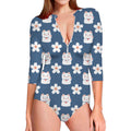 Japanese Lucky Cat And Sakura Print Long Sleeve Swimsuit