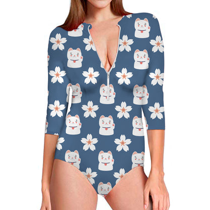 Japanese Lucky Cat And Sakura Print Long Sleeve Swimsuit