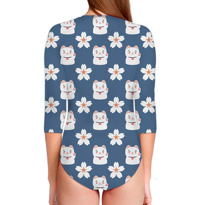 Japanese Lucky Cat And Sakura Print Long Sleeve Swimsuit