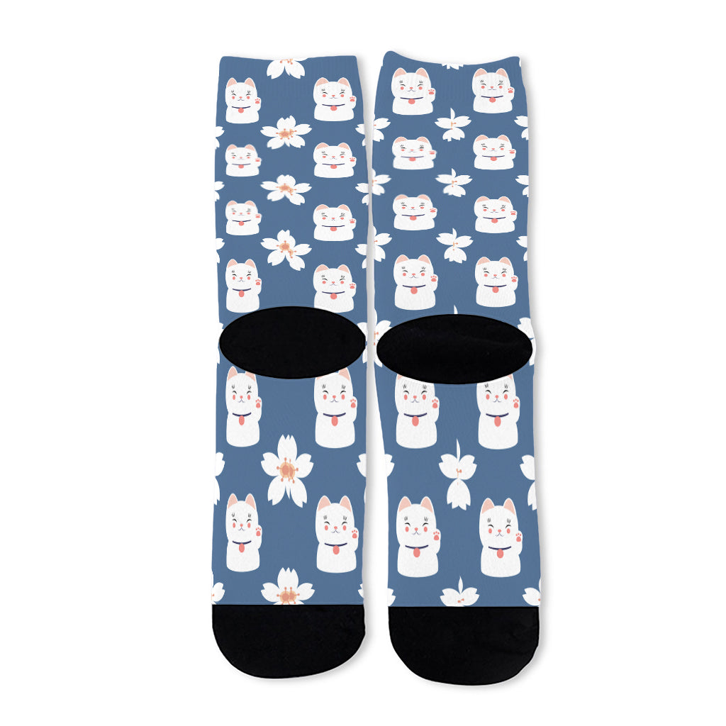 Japanese Lucky Cat And Sakura Print Long Socks