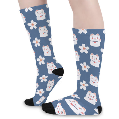 Japanese Lucky Cat And Sakura Print Long Socks