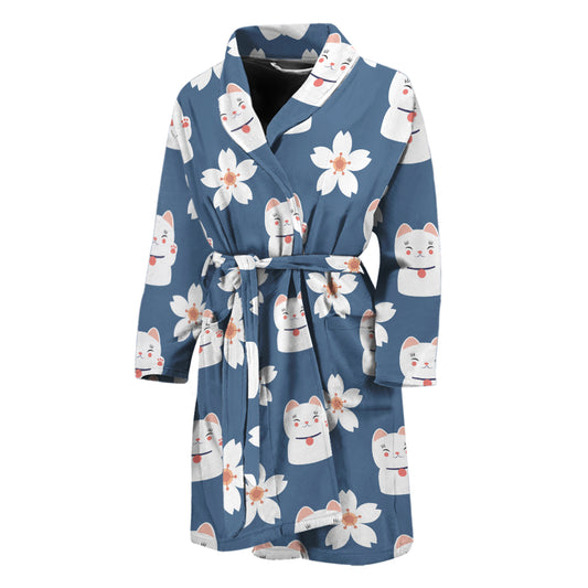 Japanese Lucky Cat And Sakura Print Men's Bathrobe