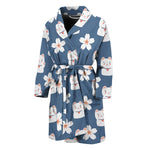 Japanese Lucky Cat And Sakura Print Men's Bathrobe