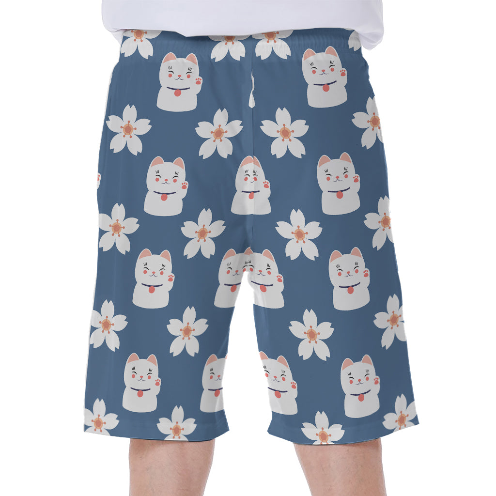 Japanese Lucky Cat And Sakura Print Men's Beach Shorts