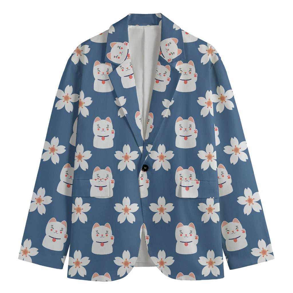 Japanese Lucky Cat And Sakura Print Men's Blazer