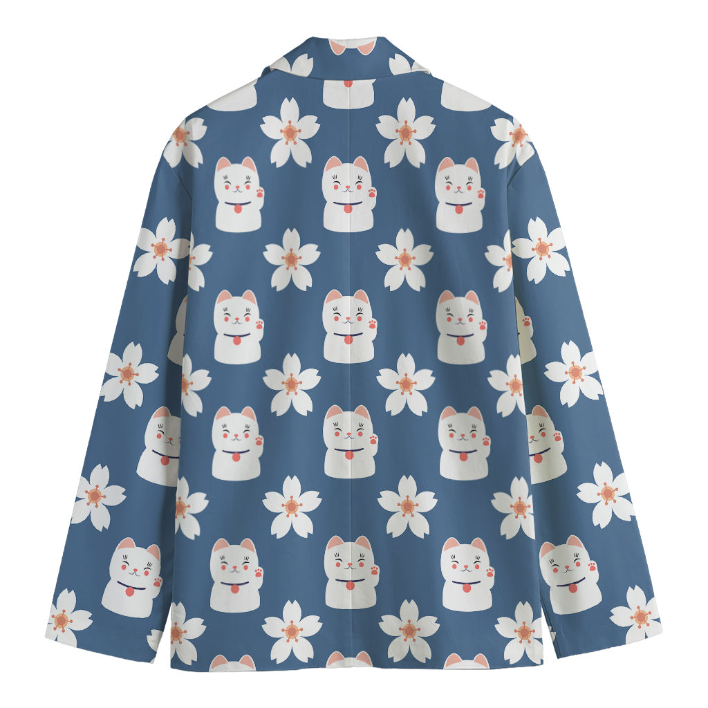 Japanese Lucky Cat And Sakura Print Men's Blazer
