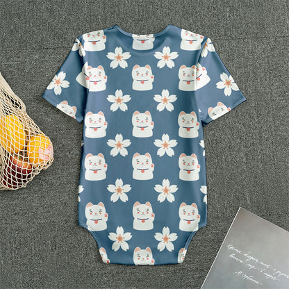 Japanese Lucky Cat And Sakura Print Men's Bodysuit