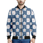 Japanese Lucky Cat And Sakura Print Men's Bomber Jacket