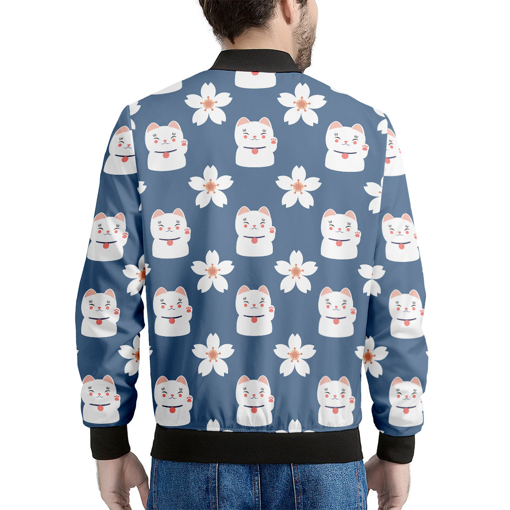 Japanese Lucky Cat And Sakura Print Men's Bomber Jacket