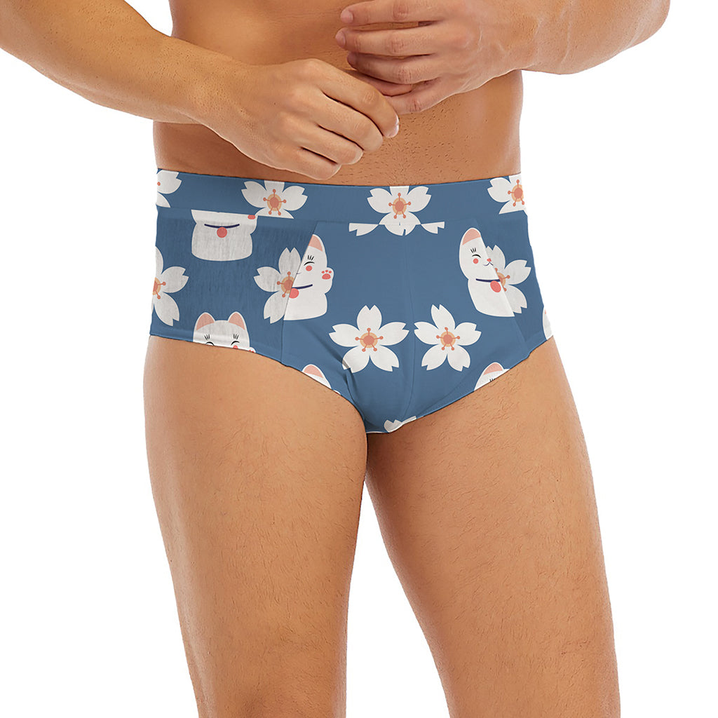 Japanese Lucky Cat And Sakura Print Men's Briefs