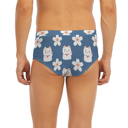 Japanese Lucky Cat And Sakura Print Men's Briefs