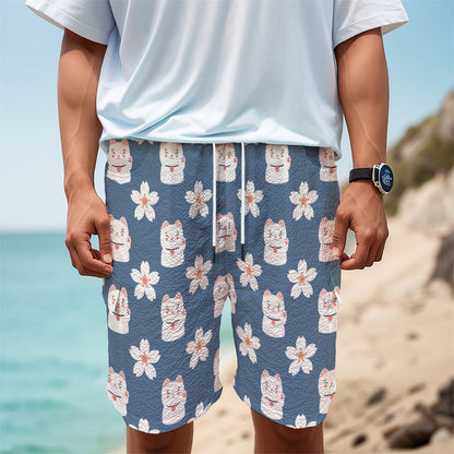 Japanese Lucky Cat And Sakura Print Men's Cargo Shorts