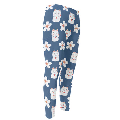 Japanese Lucky Cat And Sakura Print Men's Compression Pants