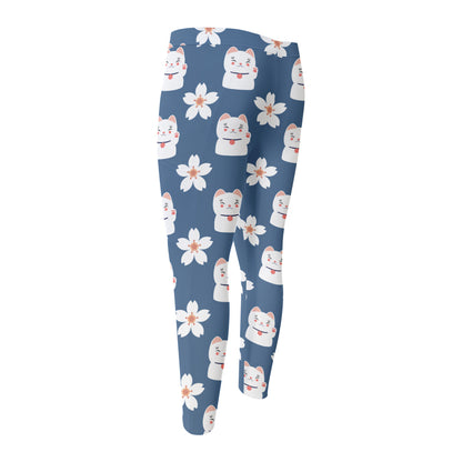 Japanese Lucky Cat And Sakura Print Men's Compression Pants