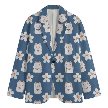 Japanese Lucky Cat And Sakura Print Men's Cotton Blazer