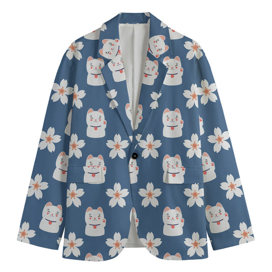 Japanese Lucky Cat And Sakura Print Men's Cotton Blazer