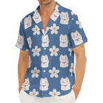 Japanese Lucky Cat And Sakura Print Men's Deep V-Neck Shirt