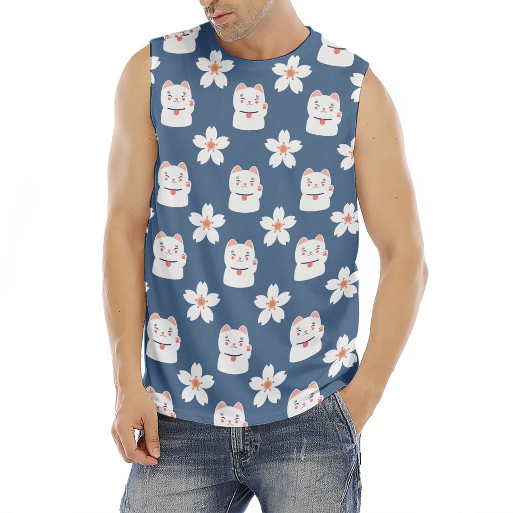 Japanese Lucky Cat And Sakura Print Men's Fitness Tank Top