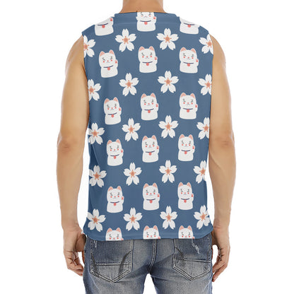 Japanese Lucky Cat And Sakura Print Men's Fitness Tank Top