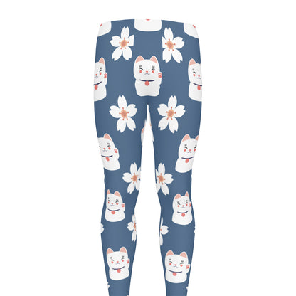 Japanese Lucky Cat And Sakura Print Men's leggings