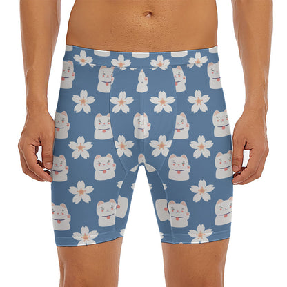 Japanese Lucky Cat And Sakura Print Men's Long Boxer Briefs