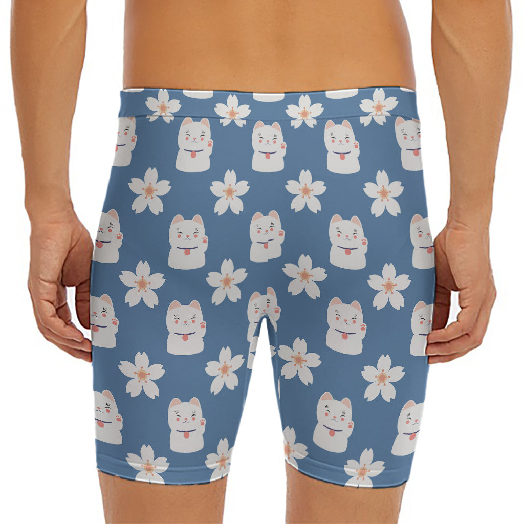 Japanese Lucky Cat And Sakura Print Men's Long Boxer Briefs