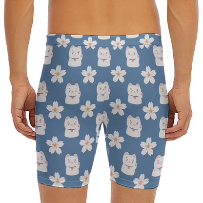 Japanese Lucky Cat And Sakura Print Men's Long Boxer Briefs