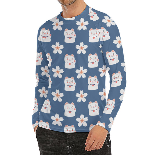 Japanese Lucky Cat And Sakura Print Men's Long Sleeve Rash Guard